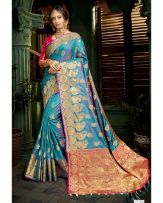 Teal Banarasi Paithani Silk saree