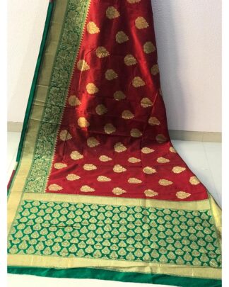 Red Banarasi Crystal Handloom Weaving Silk saree