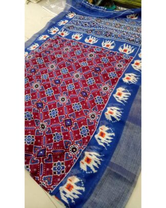 Maroon And Blue Linen Digital Kalamkari Print