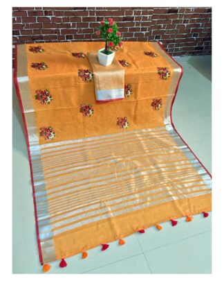 Linen Cotton Mix saree Kashmiri Work In Orange