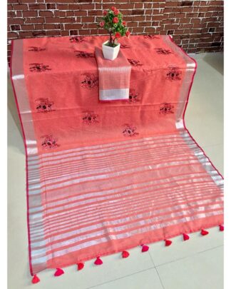 Kashmiri Work Peach Linen Cotton Mix saree