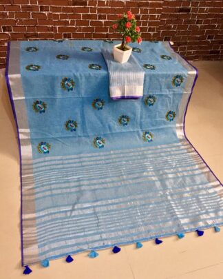 Kashmiri Work Linen Cotton Mix Sky Blue saree