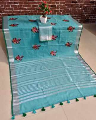 Turquoise Linen Cotton Mix Kashmiri Work saree