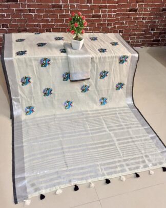 White Linen Kashmiri Work Cotton Mix saree