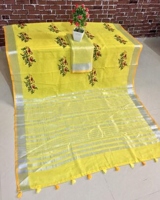 Yellow Linen Cotton Mix Kashmiri Work saree