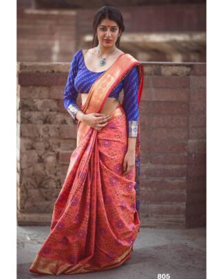 Peach Banarasi Soft Handloom Weaving Patola saree