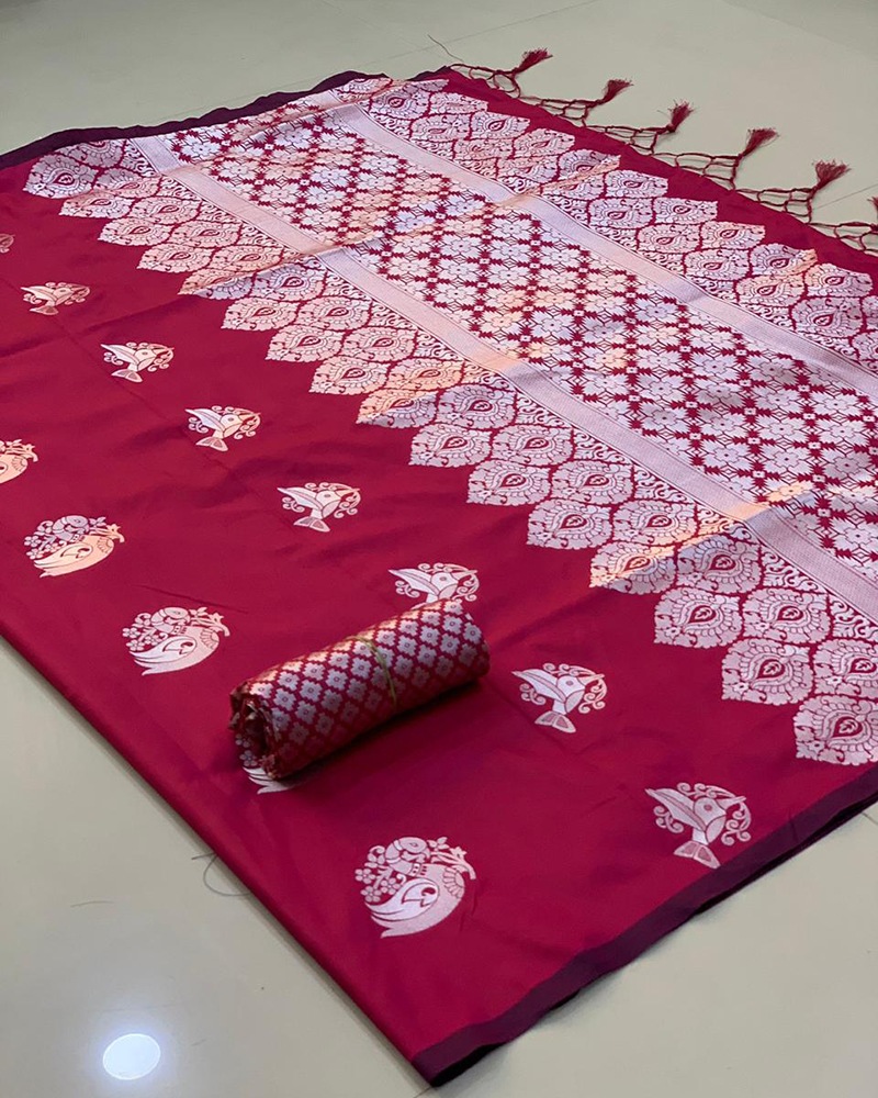 Dark Pink Banarasi Soft Handloom Weaving Silk saree