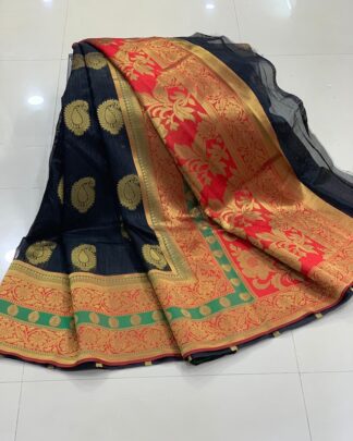 Black Banarasi Crystal Handloom Weaving Silk saree