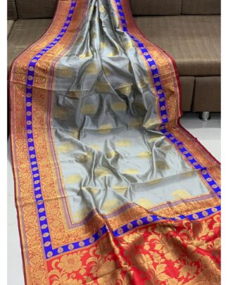 Gray Banarasi Crystal Handloom Weaving Silk saree