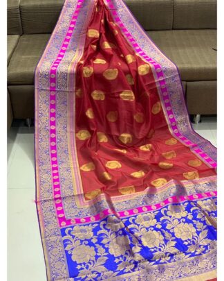 Red Banarasi Crystal Handloom Weaving Silk saree