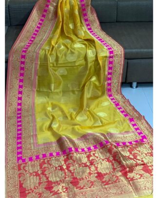 Yellow Banarasi Crystal Handloom Weaving Silk saree