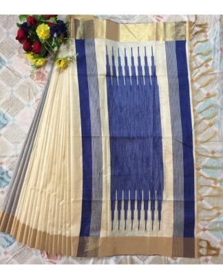Beige And Blue Raw Khadi Silk saree