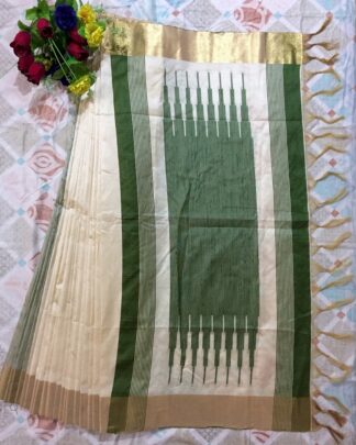 Beige And Green Raw Khadi Silk saree