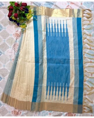 Beige And Light Blue Raw Khadi Silk saree