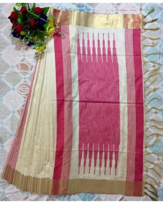 Beige And Pink Raw Khadi Silk saree