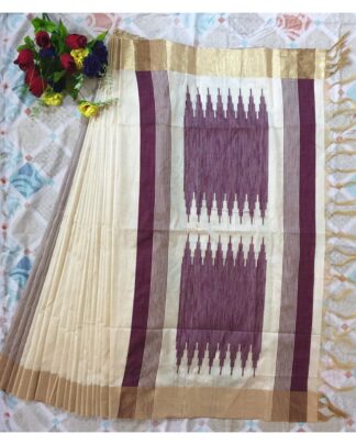 Beige And Purple Raw Khadi Silk saree