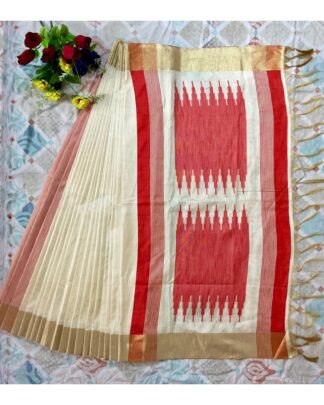 Beige And Red Raw Khadi Silk saree