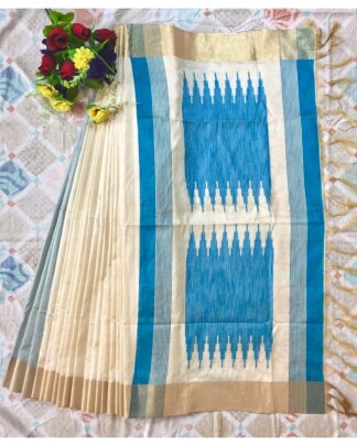 Beige And Sky Blue Raw Khadi Silk saree