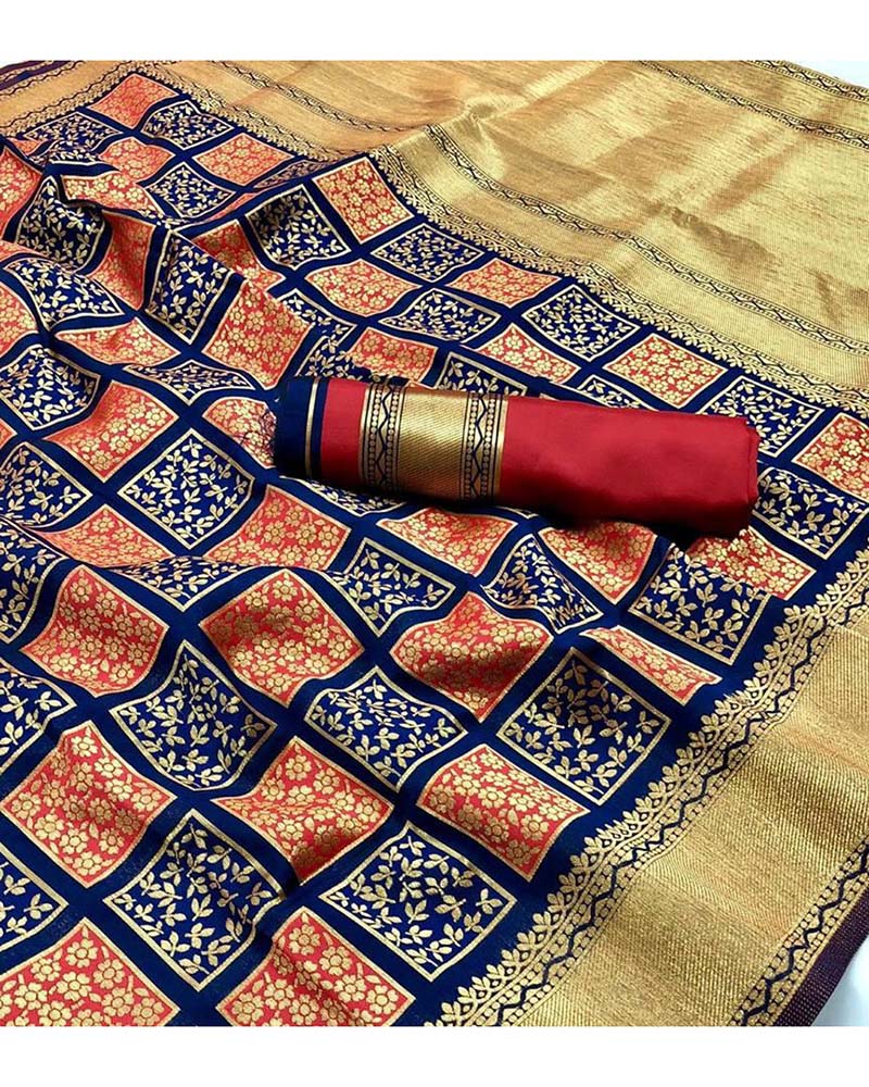 Blue And Orange Banarasi Handloom Weaving Silk saree