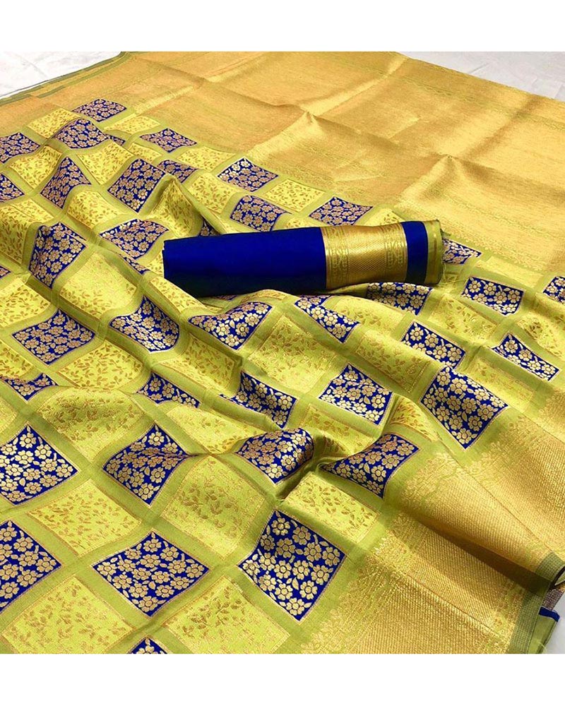 Yellow And Blue Banarasi Handloom Weaving Silk saree