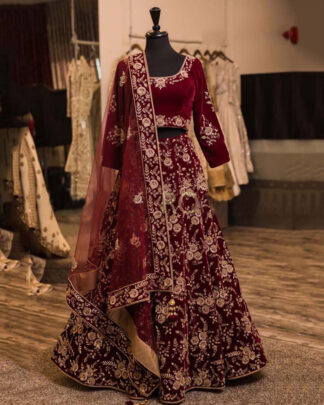 Celestial Tafeta Silk Maroon Designer Embroidery, Mirror Work Lehenga Choli