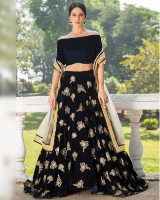 Dignified Micro Velvet Navy Designer Embroidery Lehenga Choli
