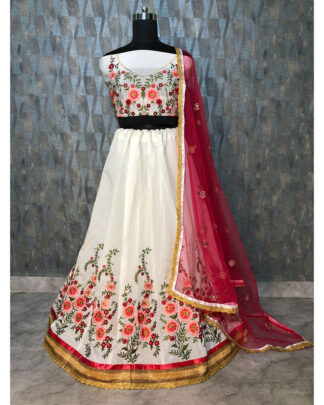 Topnotch Tafeta Silk Beige Designer Embroidery Lehenga Choli