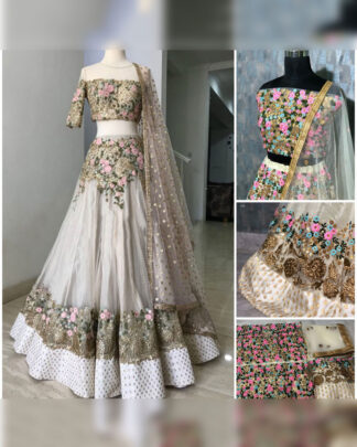 Attractive Heavy Net Beige Designer Embroidery Lehenga Choli
