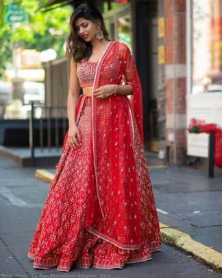 Striking Banglori Sartin Silk Red Designer Embroidery Lehenga Choli