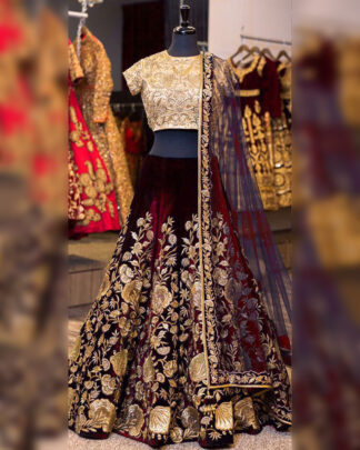 Fashionable Velvet Maroon Designer Embroidery Lehenga Choli