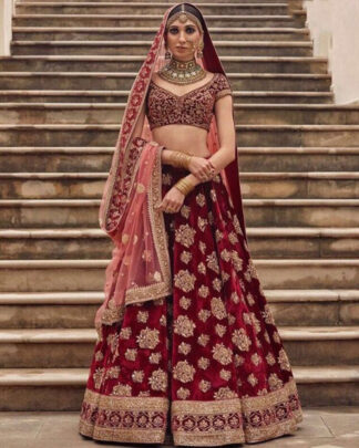Aspiring Tafeta Velvet Silk Maroon Designer Embroidery Lehenga Choli