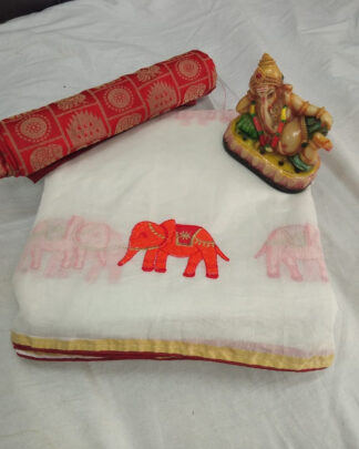 Hathi Pattern Heavy Chanderi White Saree