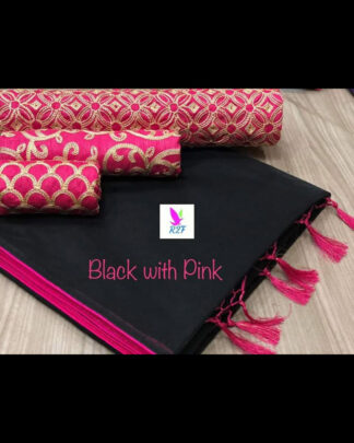 Chanderi Cotton Black Saree (With 3 Blouse Pieces)