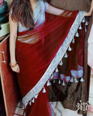 Nylon Mono Net Red Saree