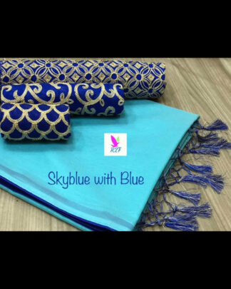 Chanderi Cotton Sky Blue Saree (With 3 Blouse Pieces)