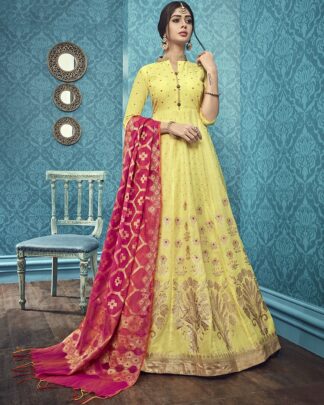 Yellow Pure Cotton Jacquard Designer Gown