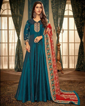 Teal Blue Satin Georgette Designer Gown