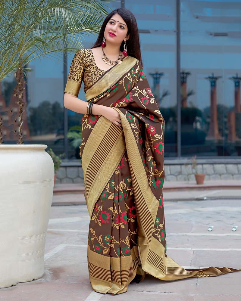 Pure Jamdani Silk Brown Saree
