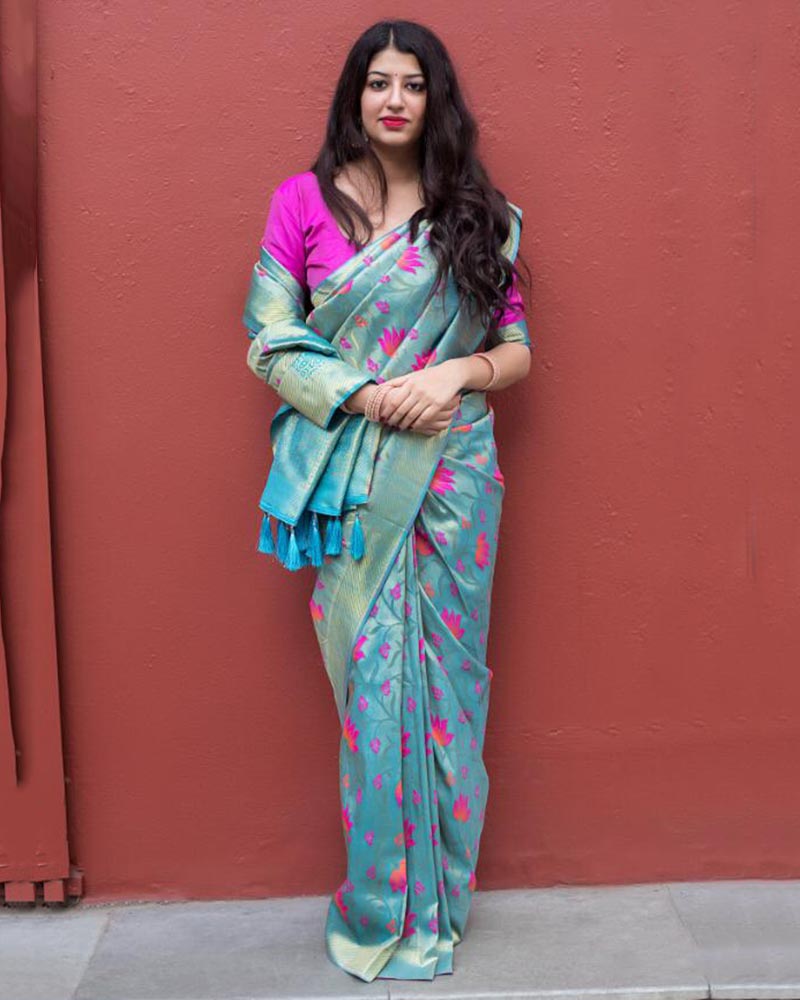 Pure Silk With Meenakari Weaving Sky Blue Saree