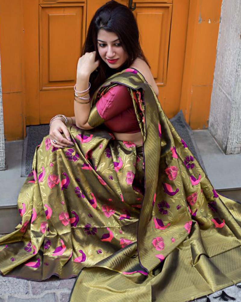 Pure Silk With Meenakari Weaving Gold Saree - Image 2