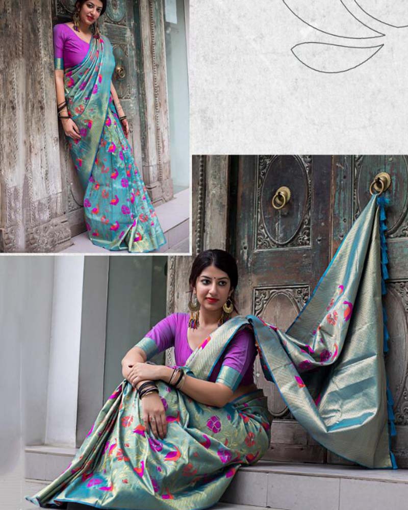 Pure Silk With Meenakari Weaving Sky Blue Saree - Image 2