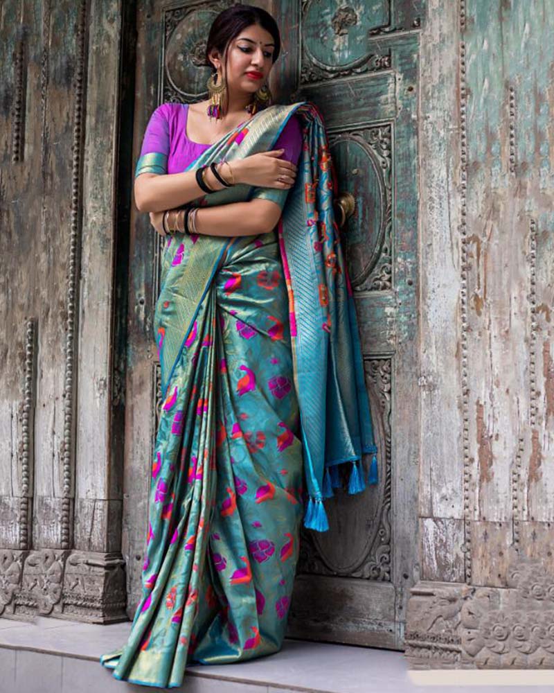 Pure Silk With Meenakari Weaving Sky Blue Saree
