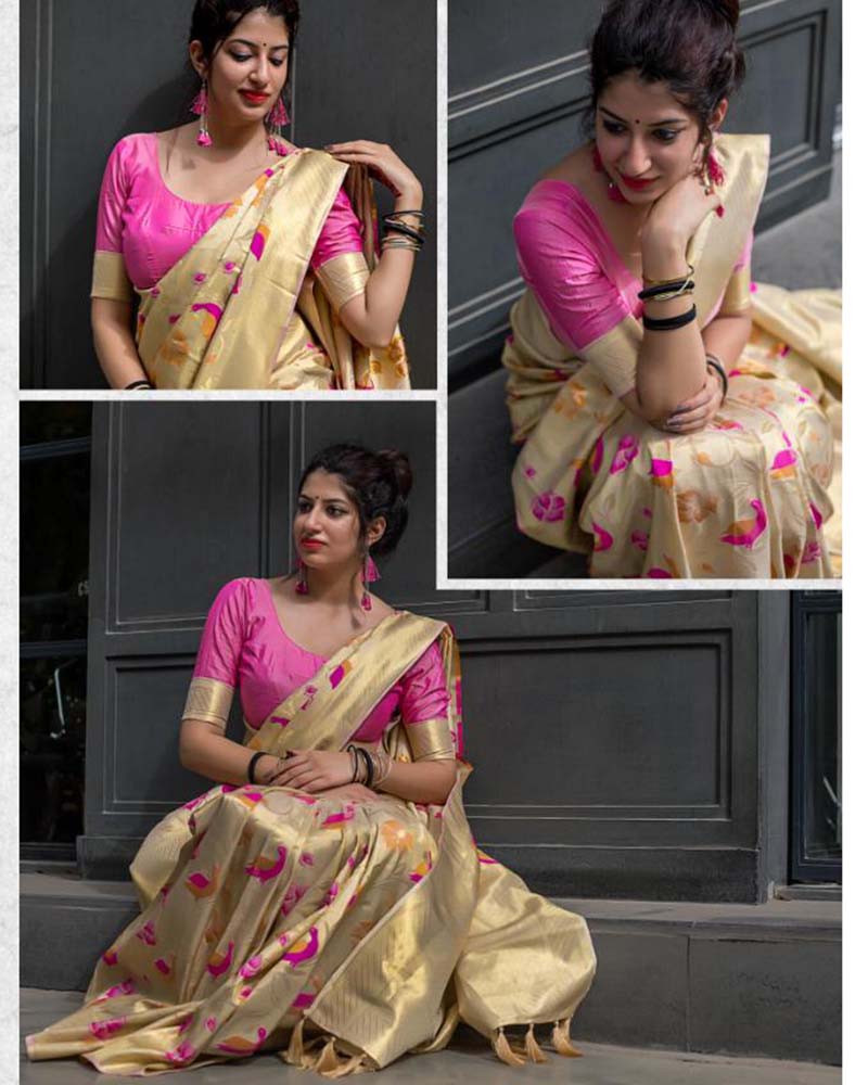 Pure Silk With Meenakari Weaving Beige Saree - Image 2