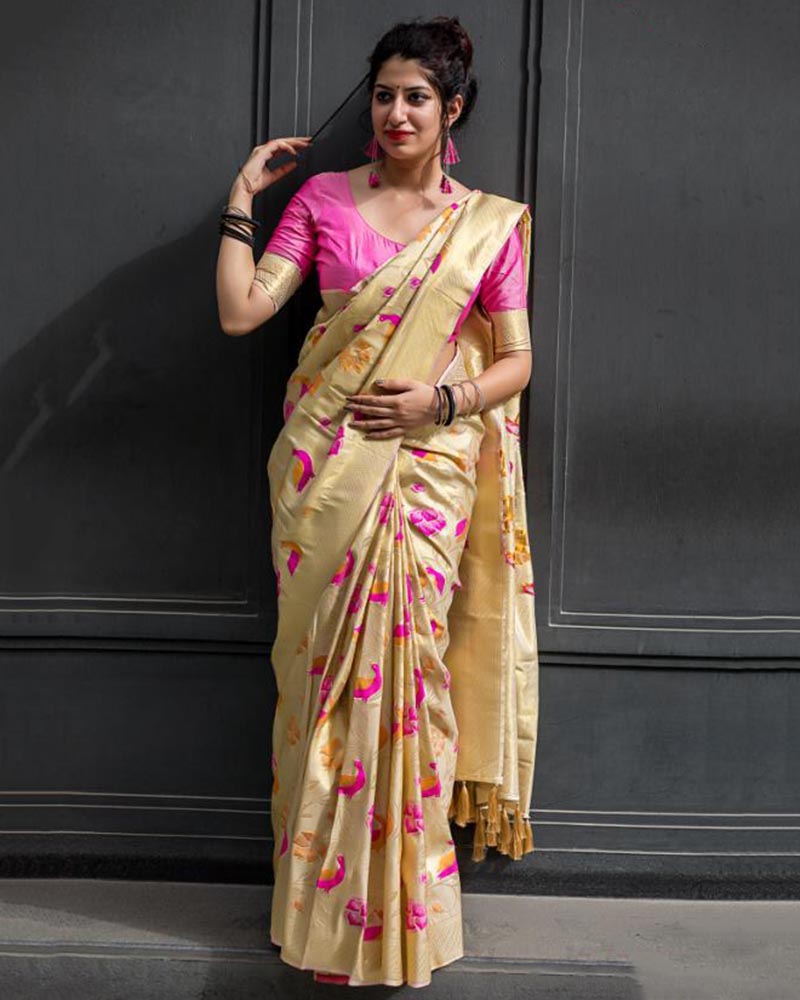 Pure Silk With Meenakari Weaving Beige Saree