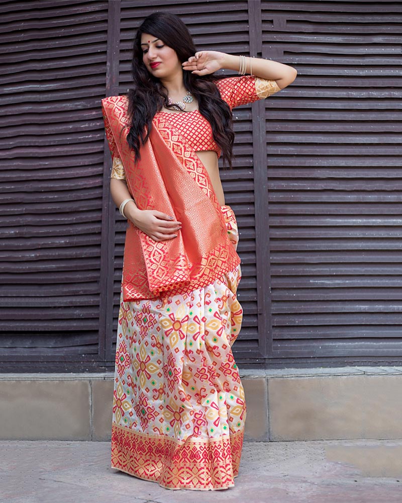 Silk Weaving White And Red Saree