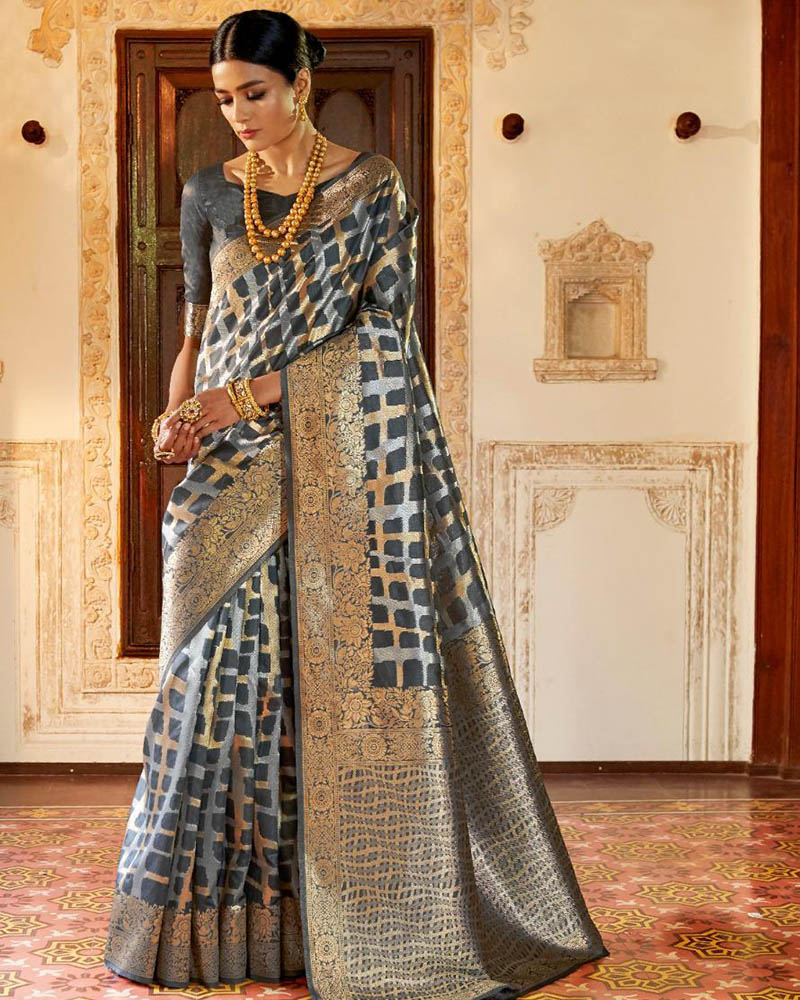 Silk Weaving Black And Gray Saree