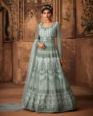 Gray Anarkali Style Net Salwar Kameez