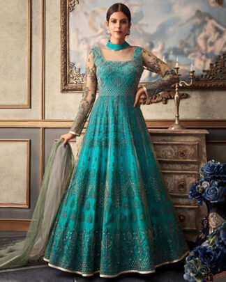 Sea Green Anarkali Style Net Salwar Kameez