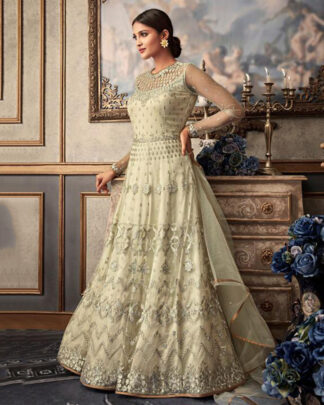 Off White Anarkali Style Net Salwar Kameez