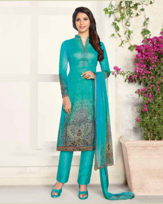 Sea Blue Straight Style Cotton Satin Salwar Kameez